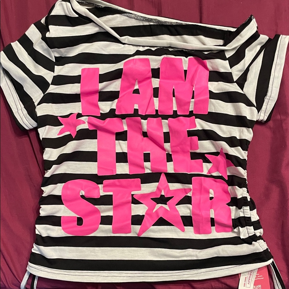 ROMWE Black and White Striped Tee with Pink Print